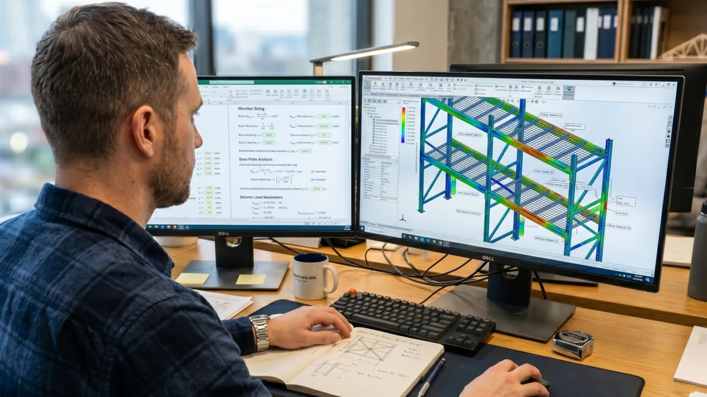 Engineer reviewing structural design software across two monitors