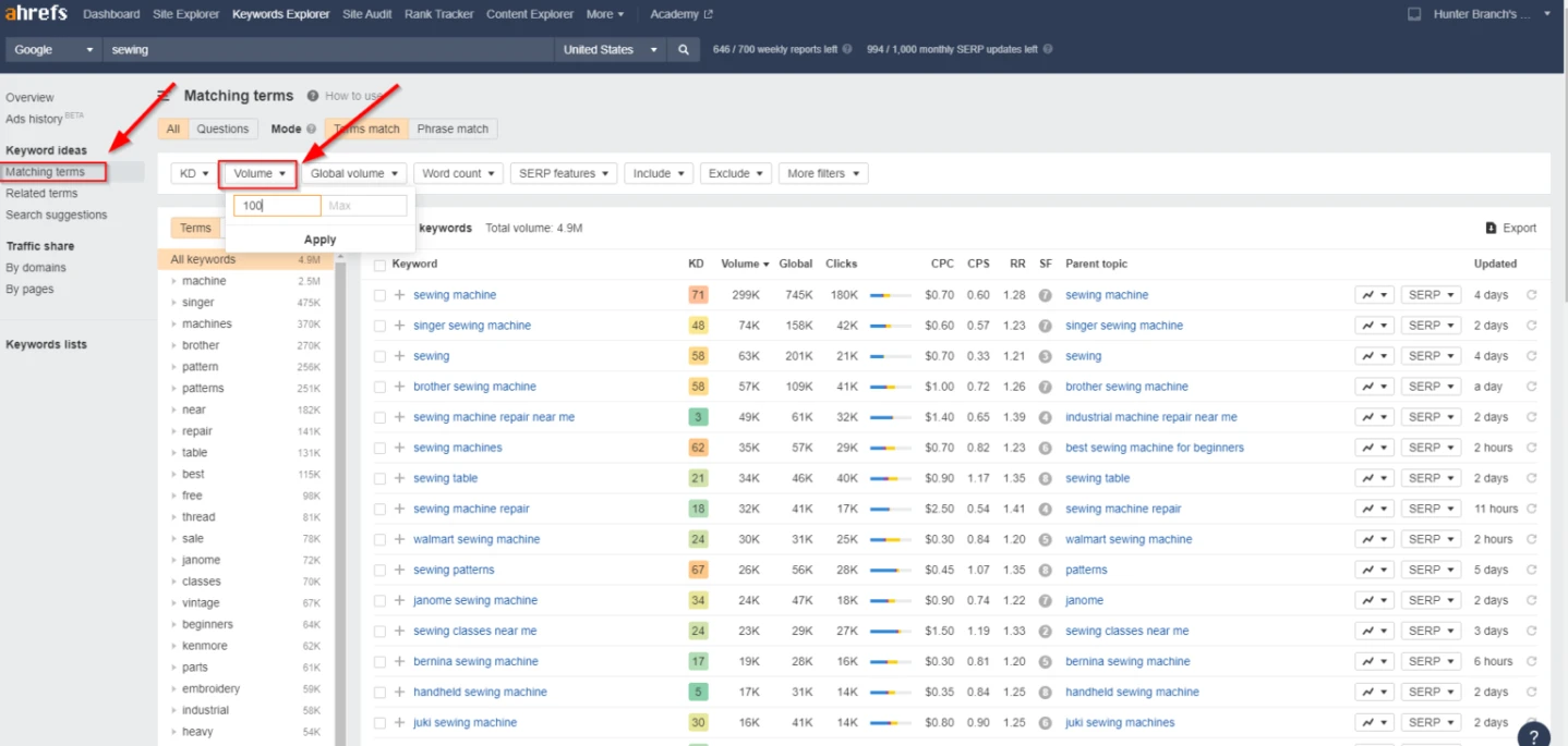 Ahrefs Matching terms report filtered to search volume above 100