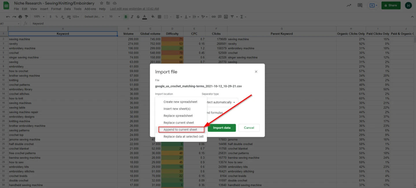 Google Sheets import dialog appending exported keyword research to the current sheet