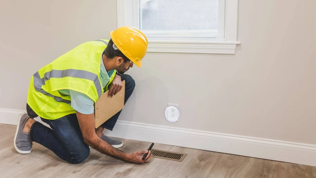 HVAC technician inspecting a floor vent