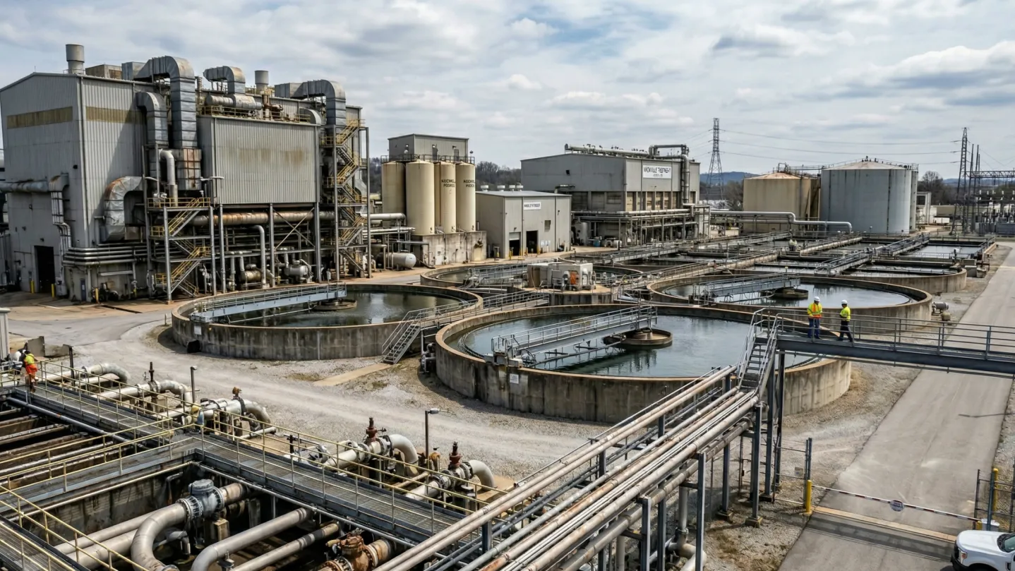 Industrial wastewater treatment facility with tanks, pipes, and workers